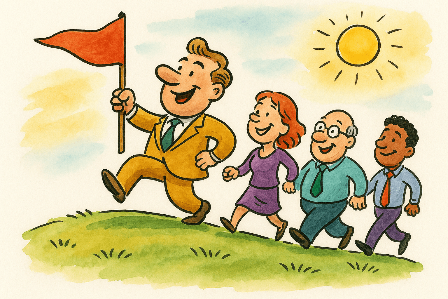 Employees walking up a path toward a flag at sunrise, representing progress toward retirement readiness.