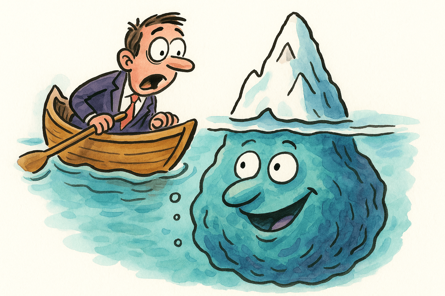 An iceberg with a small tip above the waterline and a much larger mass below — the hidden fees inside a 401(k) plan.