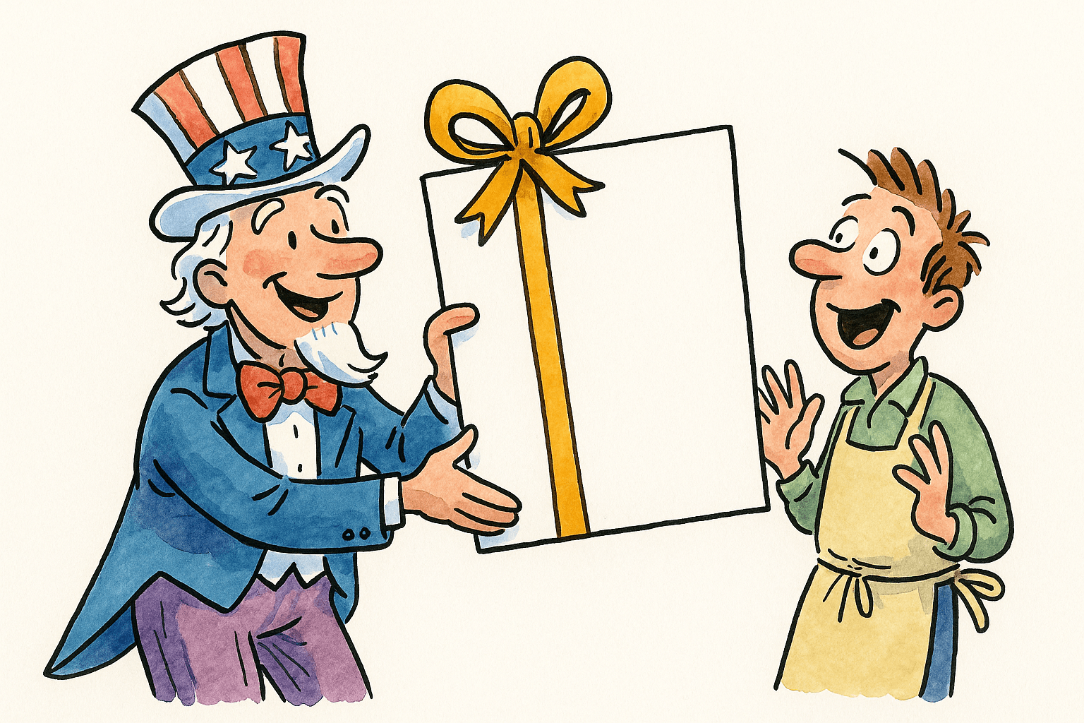 A columned government building handing a tax-credit gift tag to a small-business owner.