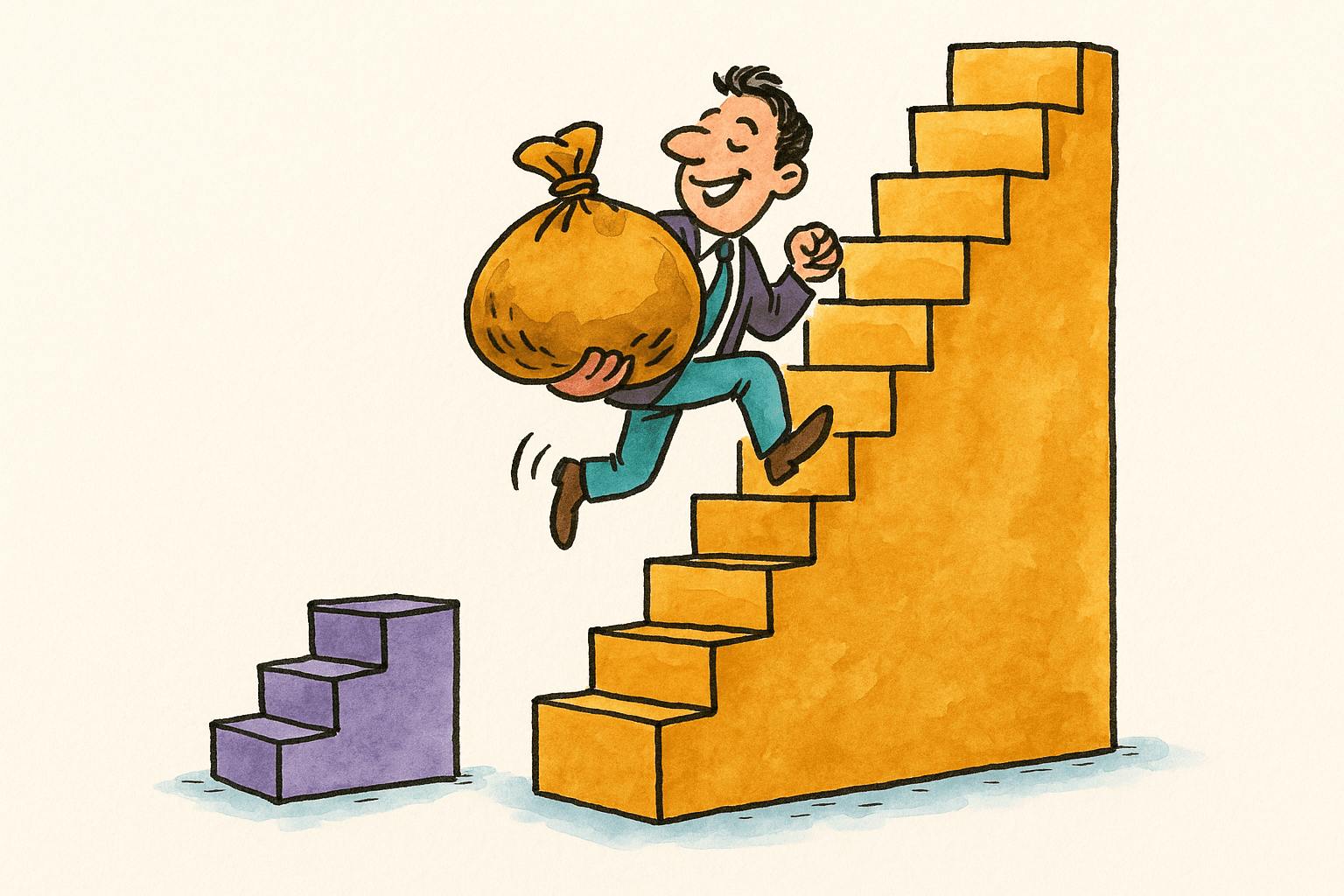 An ascending staircase of stacked blocks, illustrating retirement savings growing higher with age.