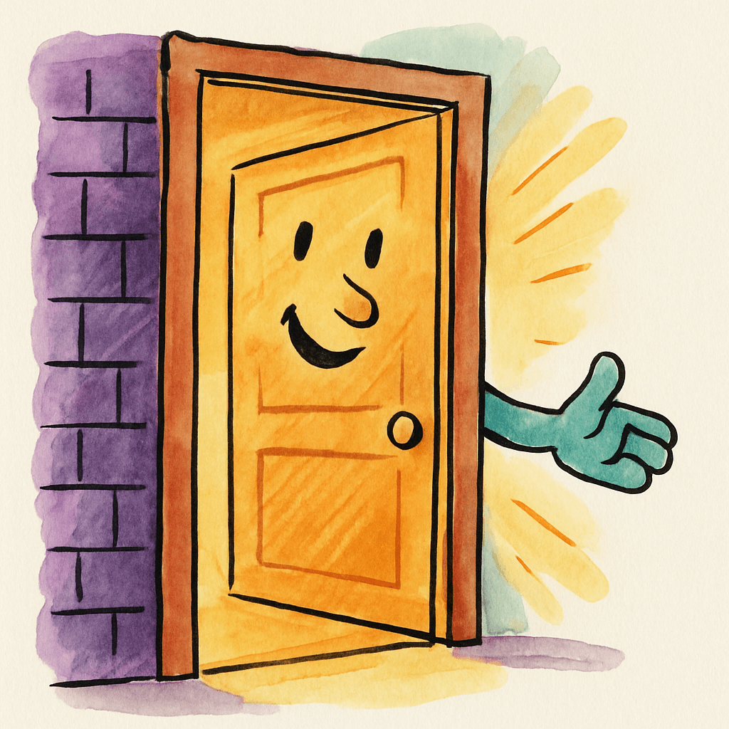 A welcoming open door with warm light spilling through.